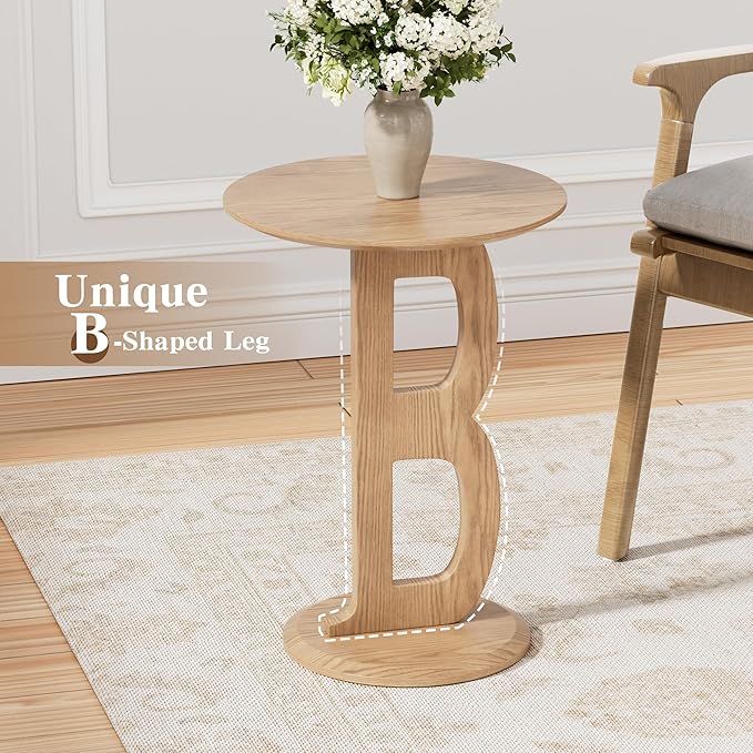 Aoligrace Round Side Table, Modern End Table with Letter B Leg, Wooden Accent Table for Couch Small Coffee Tables Nightstand for Small Spaces Living Room Bedroom