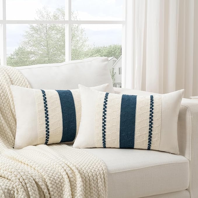 Fancy Homi Set of 2 Boho Teal Long Lumbar Decorative Throw Pillow Cover 14x24 Inch for Couch Bed Sofa Chair, Modern Organic Farmhouse Home Decor, Soft Cotton Cute Accent Rectangle Cushion Case