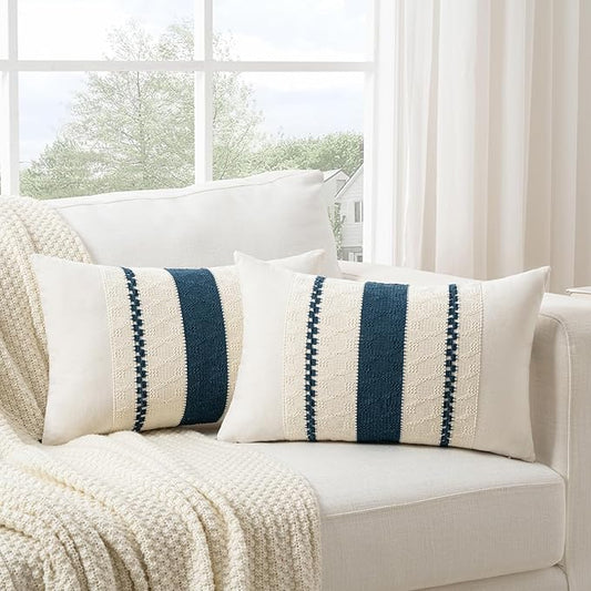 Fancy Homi Set of 2 Boho Teal Long Lumbar Decorative Throw Pillow Cover 12x24 Inch for Couch Bed Sofa Chair, Modern Organic Farmhouse Home Decor, Soft Cotton Cute Accent Rectangle Cushion Case