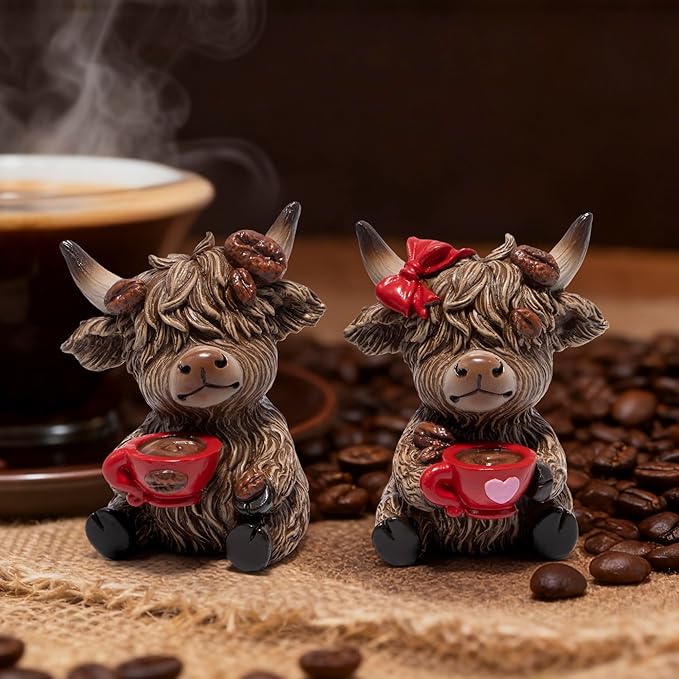 Hodao Christmas Highland Cow Coffee Resin Figurines,Xmas Farmhouse Decor for Tiered Tray, Tabletop, Mantel, Gift for Xmas Home Decoration