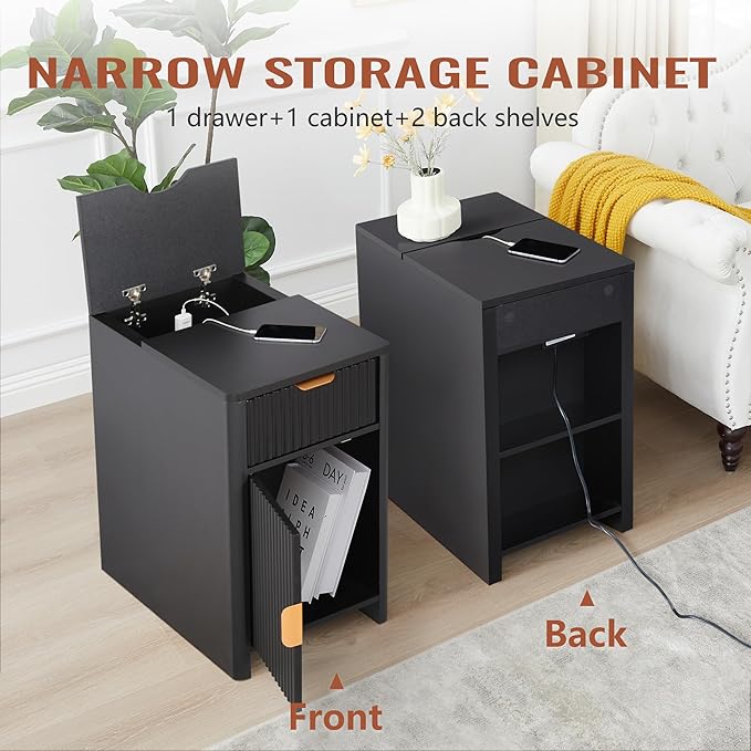 Fluted Narrow End Table with Charging Station, Black Side Table with Drawer Storage, Small Night Stand with Power Outlets and USB Ports, Sofa Side Table for Living Room - Black