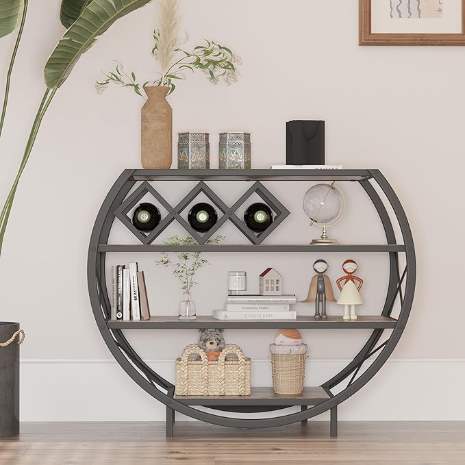 Demilune Console Table Industrial Entryway Table with 4-Tier Open Storage Shelf Wood and Metal Christmas Sofa Table with Wine Rack for Living Room Hallway Display Vintage Rustic Brown