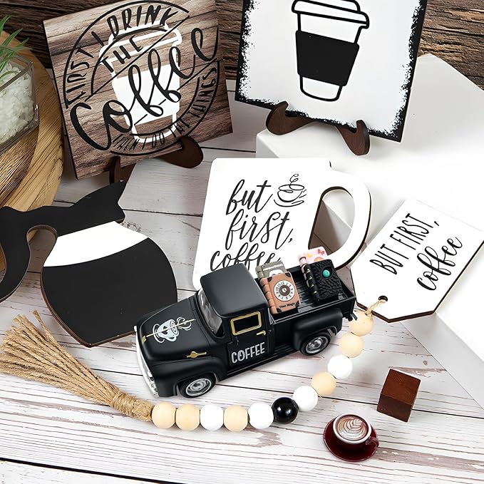 Coffee Decor for Coffee Bar Vintage Metal Truck with Mini Fake Books and Coffee Farmhouse Coffee Station Tabletop Coffee Ghost Sign Halloween Tiered Tray Decor Rustic Coffee Table Centerpiece, Black
