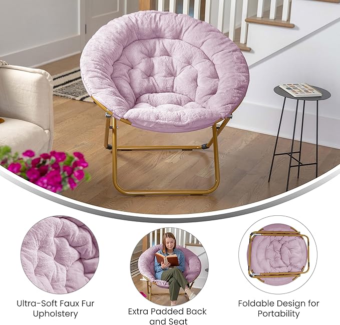 EMMA + OLIVER Ersa Oversize Folding Saucer Chair - Dusty Purple Faux Fur Moon Chair - Soft Gold Metal Frame - 38" Portable Folding Chair - for Dorm and Bedroom