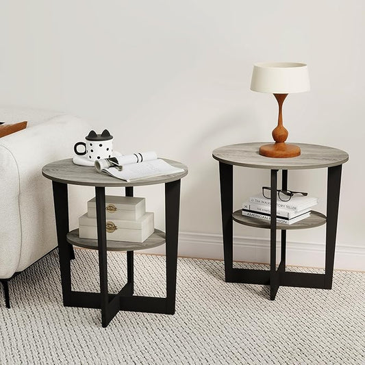 Small End Table Set of 2, Round Side Tables with 2-Tier Open Storage, Coffee Table for Living Room, Apartment, Home Office, Small Spaces, Grey