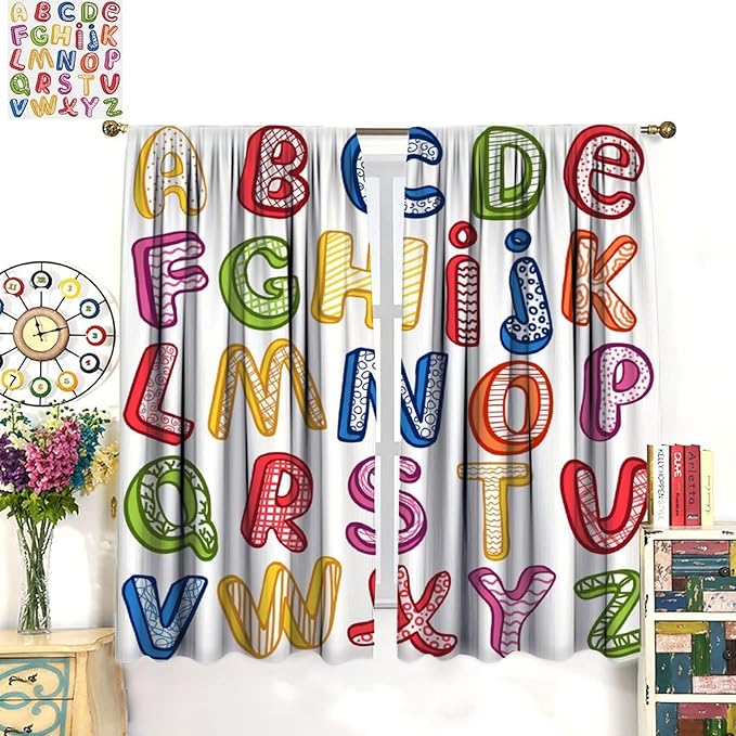 BAEKJIN Kids Educational Alphabet Curtains, Hand Drawn Colorful ABC Letters Pattern Print Decor Window Drapes for Bedroom Living Room 42x45 Inch