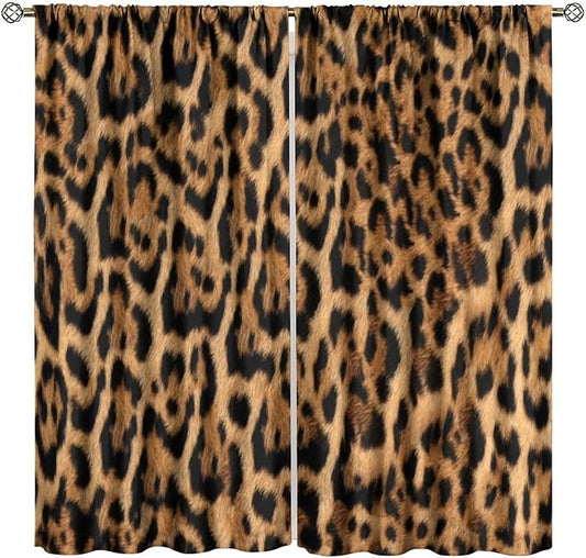 Leopard Print Blackout Curtain, Wild Animal Skin Black Brown Fur Leopard Print Drapes, Window Treatments Rod Pocket 2 Panels Curtains for Nursery Living Room Bedroom Kitchen Decor 55"W X 63"L
