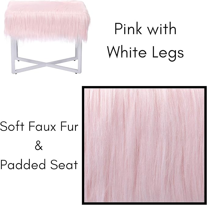 BIRDROCK HOME Rectangular Faux Fur Vanity Stool Ottoman w/White Metal Legs - Small Fluffy Makeup Seat - Cute Foot Rest for Bedroom, Desk, or Dressing Table - Compact Chair for Girls Dorm Room - Pink