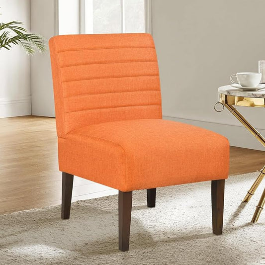 Slipper Accent Chair Modern Armless Lounge Chair with Wood Legs Upholstered Makeup Vanity Tufted Side Chair Fabric Comfy with Decor Back for Living Room Bedroom Patio (Horizontal Back, Orange)
