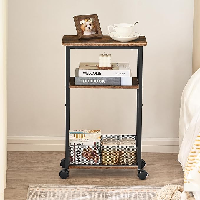 Side Table with Wheels of 2, Narrow Side Table with 3-Layer Storage Shelves, Slim Nightstand, Metal Frame, for Small Spaces, Living Room, Bedroom, 7.9" W x 15.7" D x 25.2" H, Rustic Brown