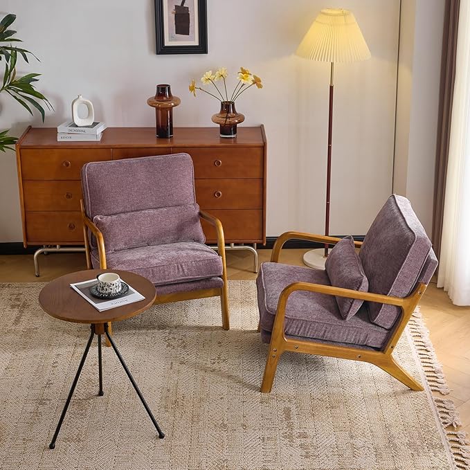 VINGLI Chenille Mid-Century Modern Accent Chair Set of 2, Cute Reading Arm Chair with Cushion & Lumbar Pillow & Solid Wood Frame for Lounge, Living Room, Reading Room, Bedroom, Light Purple
