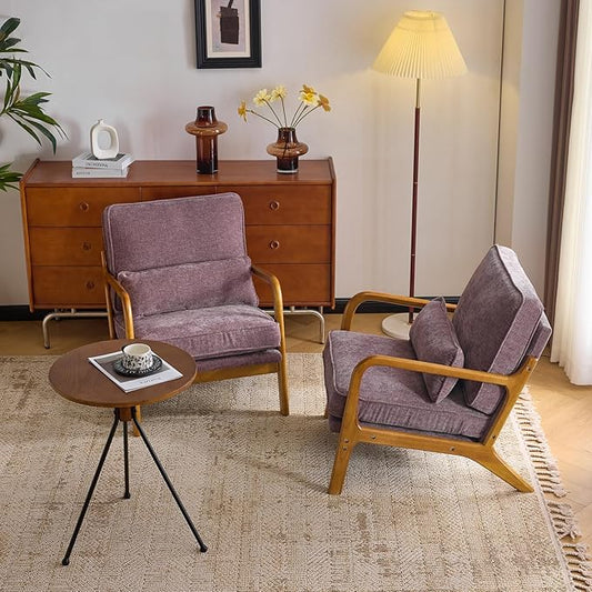 VINGLI Chenille Mid-Century Modern Accent Chair Set of 2, Cute Reading Arm Chair with Cushion & Lumbar Pillow & Solid Wood Frame for Lounge, Living Room, Reading Room, Bedroom, Light Purple