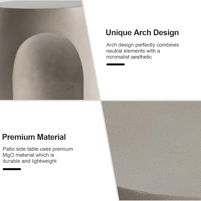 HOMPUS Outdoor Side Table w Arch Shape, Unique Patio End Table, Round MgO Lightweight Concrete Accent Table, Modern Vintage Garden Plant Stand for Indoor Use, Grey