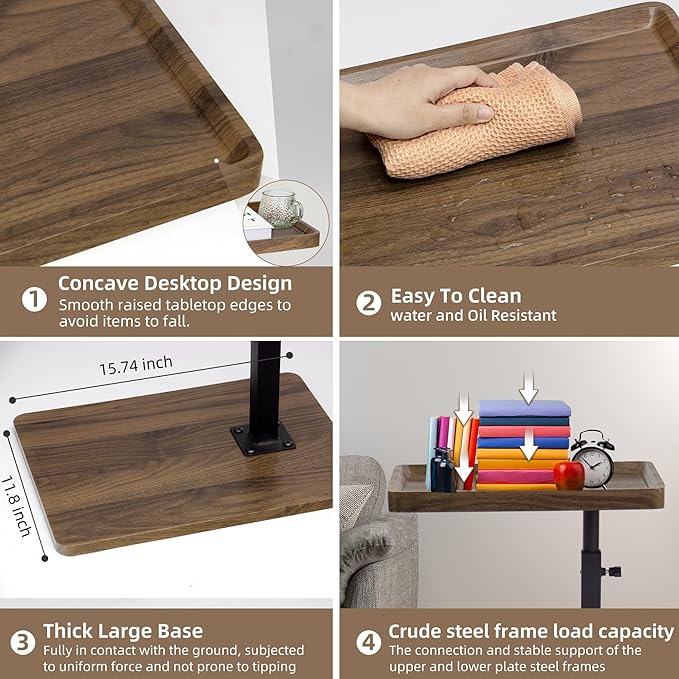 Aoligrace Adjustable Height Side Table with 360° Swivel Top, Wooden C Shaped End Table for Couch Sofa Bed, Small TV Tray for Small Spaces Living Room Bedroom