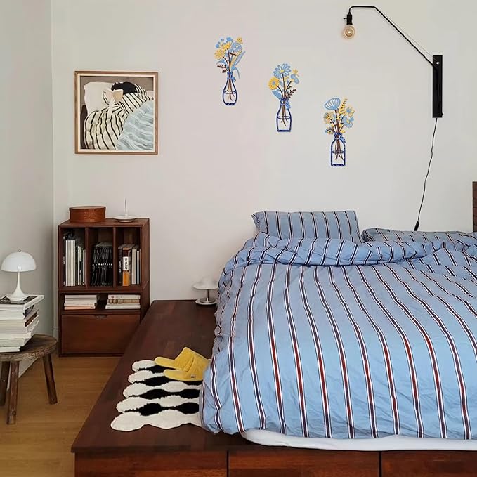 Iron Metal Vase Flower Wall Art Set of 3 - Minimalist Black Floral Decor for Living Room Bedroom Kitchen, Office Garden - Modern Farmhouse Home Decor & Housewarming Gifts (Blue-Yellow)