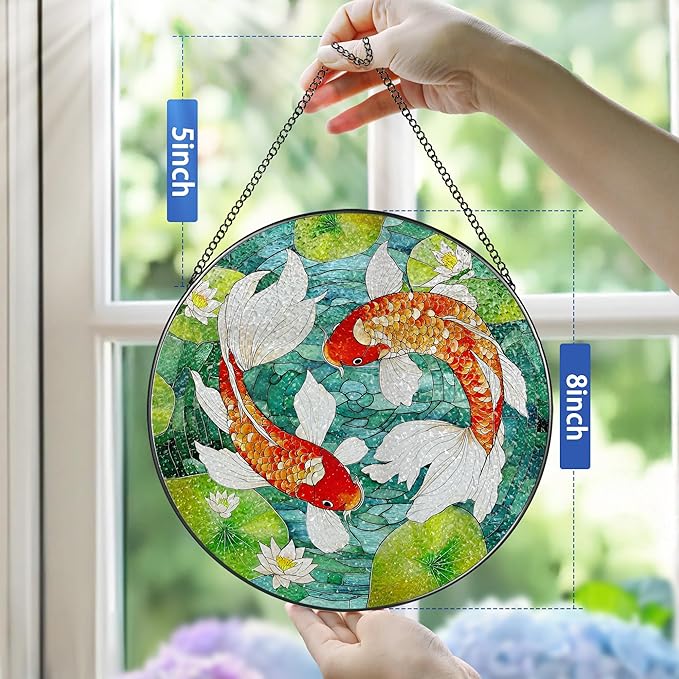 8-Inch Koi Fish Stained Glass Suncatcher Ornament, Stained Glass Window Hanging, Window Hanging Decor – Mother's Day, Christmas, Birthday | Gifts for Parent, Friend, Newlywed, Coworker | Holiday Decor