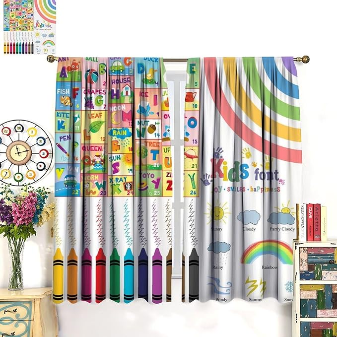 BAEKJIN Kids Alphabet Curtains，Crayon Rainbow and Cute Cartoon Animals Pattern Print Decor Window Drapes for Bedroom Living Room 42x45 Inch