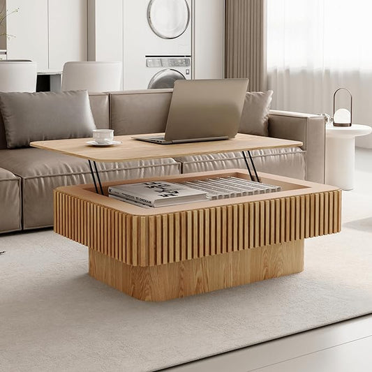 38.6'' Lift Top Fluted Coffee Table with Hidden Compartment, Modern Rectangular Wooden Center Table Cocktail Tea Table with Storage and Adjustable Height for Living Room Apartment,Natural