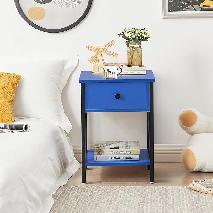 VECELO Nightstands Set of 2, Modern Bedside End Tables, Night Stands with Drawer and Storage Shelf for Living Room Bedroom, Industrial Metal Frame