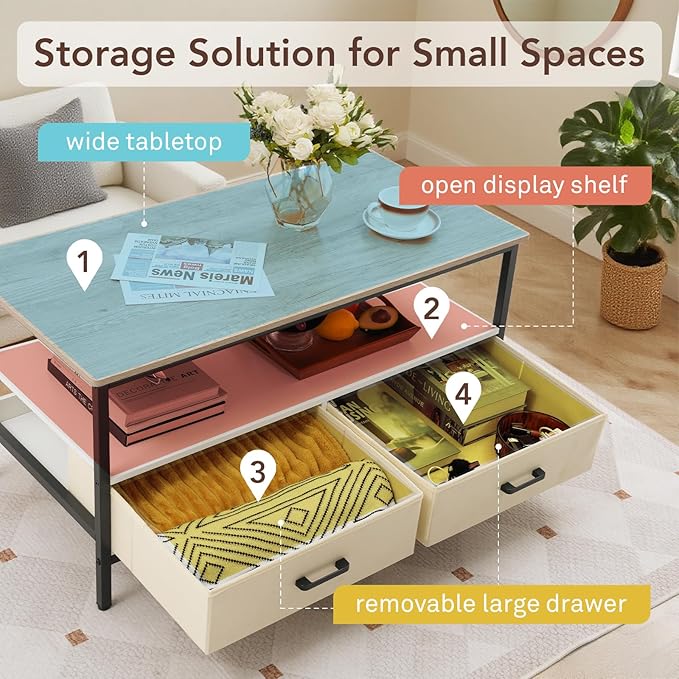 OC Orange-Casual Coffee Table, 40" Farmhouse Coffee Table with Storage Shelf & 2 Removable and Foldable Drawers, Center Table with Sturdy Frame, for Living Room, Bedroom, Office