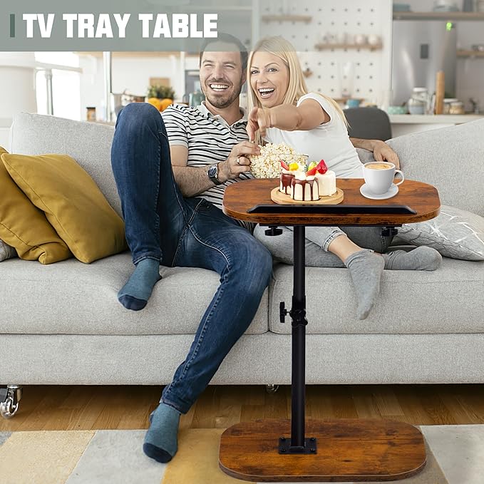 Aoligrace Adjustable Height C Shaped End Table, 360°Swivel Small Side Table for Small Spaces Living Room, Flip Top TV Tray for Couch Sofa Chair