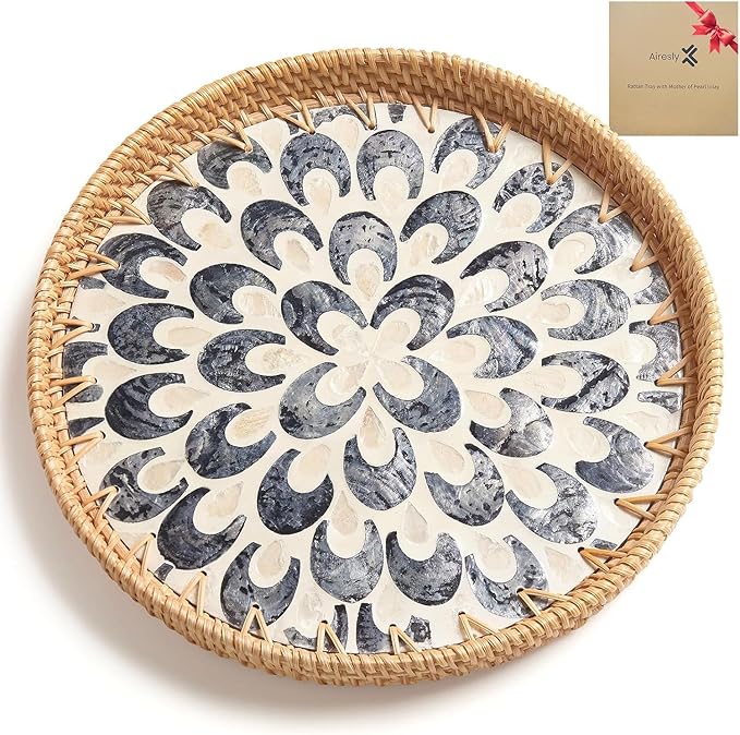 Rattan Tray with Mother of Pearl Inlay, Round Rattan Serving Tray with Wooden Base, Decorative Wicker Basket for Table Decor, Storage and Display of Jewelry Coffee Bread Food Fruit (Sapphire Blue)