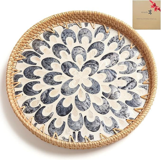 Rattan Tray with Mother of Pearl Inlay, Round Rattan Serving Tray with Wooden Base, Decorative Wicker Basket for Table Decor, Storage and Display of Jewelry Coffee Bread Food Fruit (Sapphire Blue)