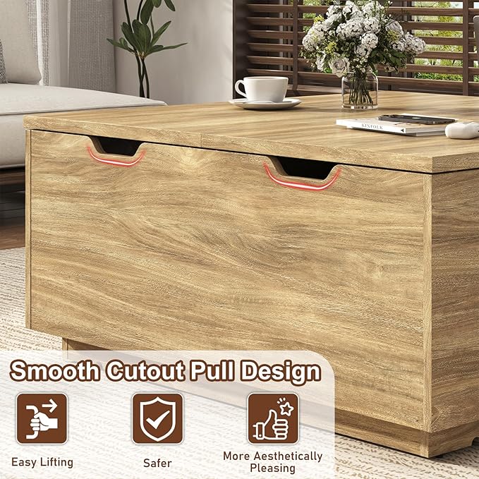 36" Lift Top Coffee Table with Storage, Wood Square Coffee Table with LED Lights and Charging Station, Multi-Function Living Room Center Table with Large Hidden Space, Oak