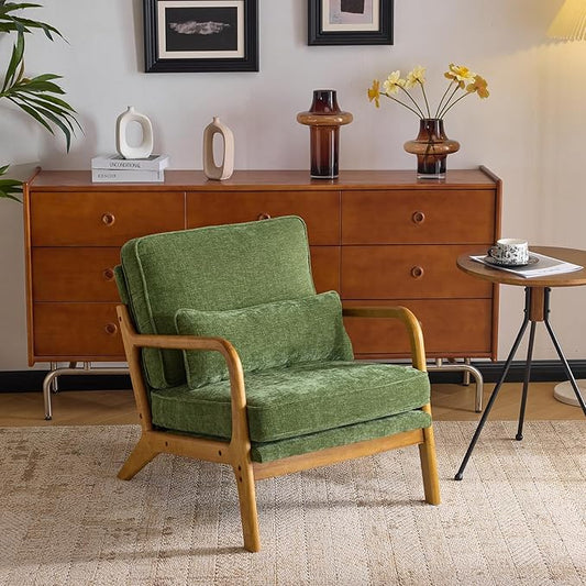 VINGLI Chenille Mid-Century Modern Accent Chair, Cute Reading Arm Chair with Cushion & Lumbar Pillow & Solid Wood Frame for Lounge, Living Room, Reading Room, Bedroom, Olive-Green