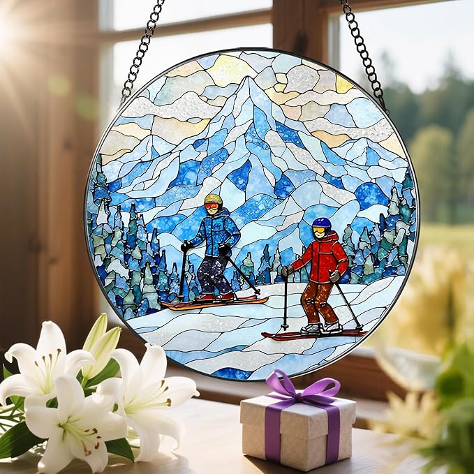 8'' Snowy Mountain Skiers Sun Catcher Ornament, Stained Glass Window Hanging, Sun Catchers for Windows Hanging Ornaments, Window Decor | Ideal Gift, Gift Exchange, Gifts for Skiers