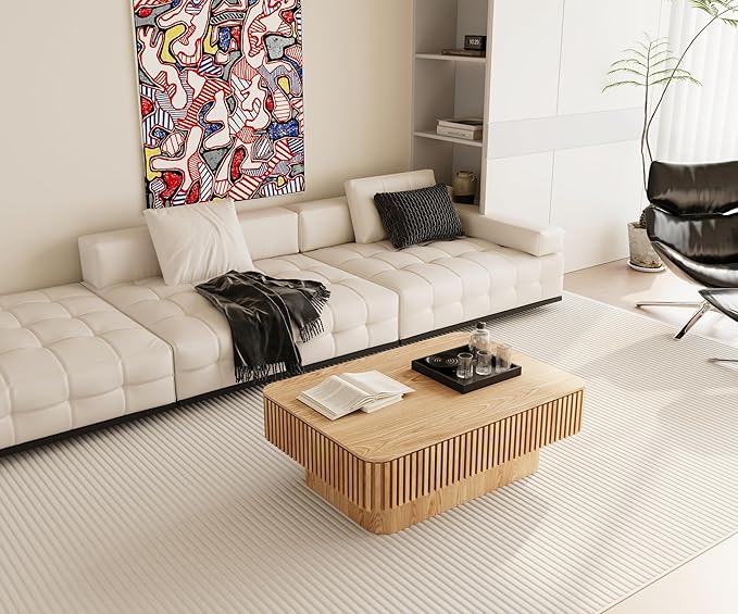 38.6'' Lift Top Fluted Coffee Table with Hidden Compartment, Modern Rectangular Wooden Center Table Cocktail Tea Table with Storage and Adjustable Height for Living Room Apartment,Natural