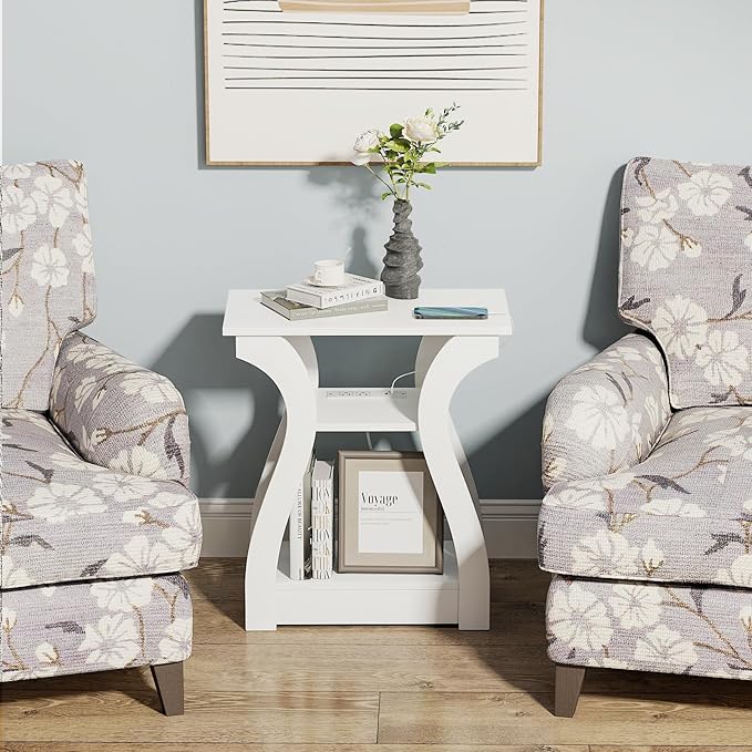 End Table with Charging Station, Side Table with USB Ports and Outlets, 3 Tier Nightstand Sofa Table for Small Spaces, Beside Table with Storage Shelf for Living Room, Bedroom