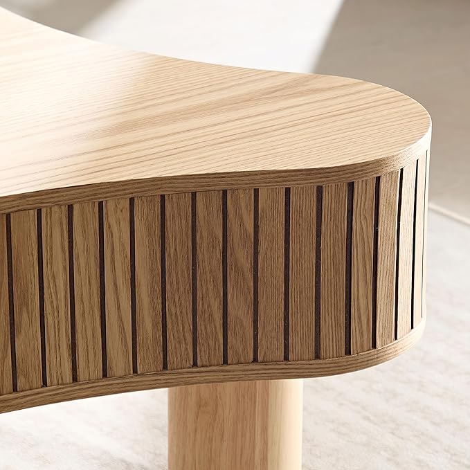 Modern Wooden Handcraft Drum Coffee Table, 42.52'' Irregular Shaped, Small Coffee Table/Side Table/End Table with Sturdy Pedestal, Natural Color