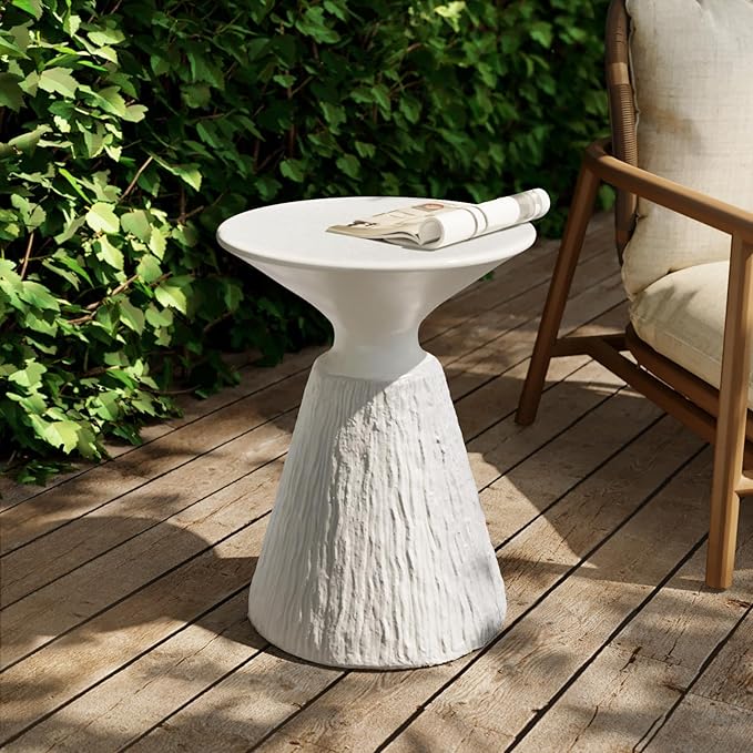 SUNBURY White Outdoor Side Table, Concrete Side Table Set of 2, Mushroom Side Table Plant Stand, End Table Accent Table Outside Marble Table Garden Stool for Patio, Poolside, White