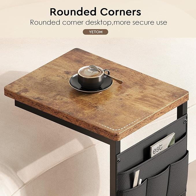 Side Table,C Table with 2-Tier Storage Shelf, End Table with a Storage Bag, Sofa Table with Wheels for Living Room, Bedroom, Office, Bathroom, Rustic Brown