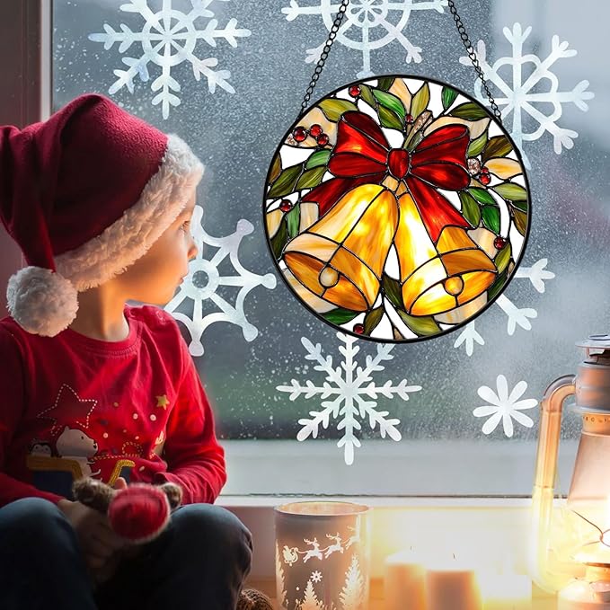 Christmas Stained Glass Window Hanging Sun Catcher, Christmas Bell Suncatcher with Red Bow for Window Ornament, Festive Wall Art Decor Gift for Women, Men (Golden Bell, 9'')