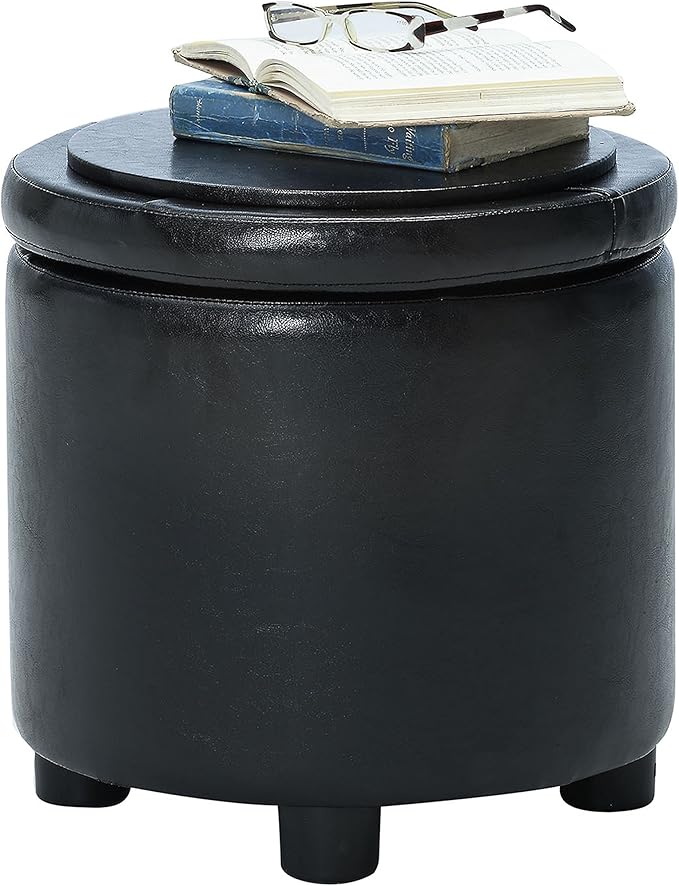 Convenience Concepts Designs4Comfort Round Accent Storage Ottoman in Black Faux Leather Fabric