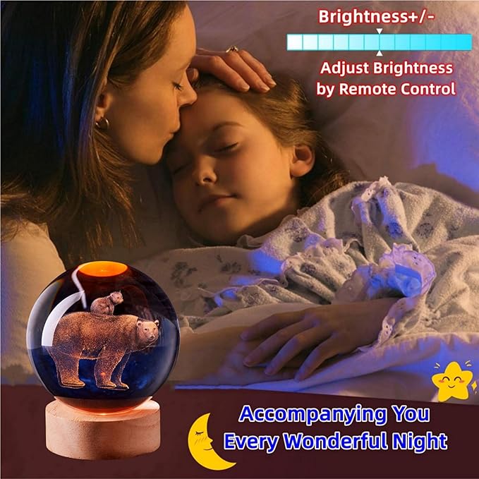 Polar Bear Crystal Ball Lamp with LED Wooden Base, 16 Colors Change & Remote Control Crystal Ball Night Light, Upgraded 3.15 Inch Glass Light, Gift for Kids Wife Girlfriend (Polar Bear)