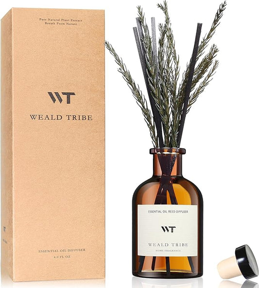 WEALD TRIBE Reed Diffuser Set for Bathroom Air Fresheners, Oil Diffuser Sticks with Flower | Balsam Fir Scent 4.0 fl oz Home Fragrance with Sticks Defusers | House Bedroom Office Shelf Decor