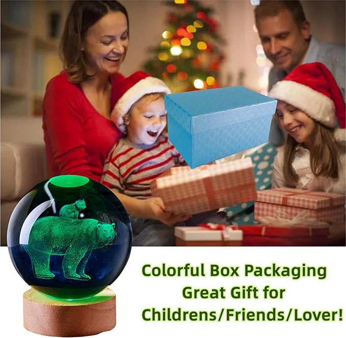 Polar Bear Crystal Ball Lamp with LED Wooden Base, 16 Colors Change & Remote Control Crystal Ball Night Light, Upgraded 3.15 Inch Glass Light, Gift for Kids Wife Girlfriend (Polar Bear)