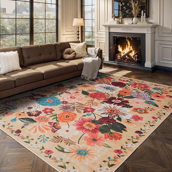 Washable Area Rug 8x10, Large Soft Rugs for Living Room Floral Yellow Carpet 8x10 Area Rugs for Bedroom Dining Room Non-Slip Stain Resistant Under Table Rug(Yellow Garden, 8 x 10)