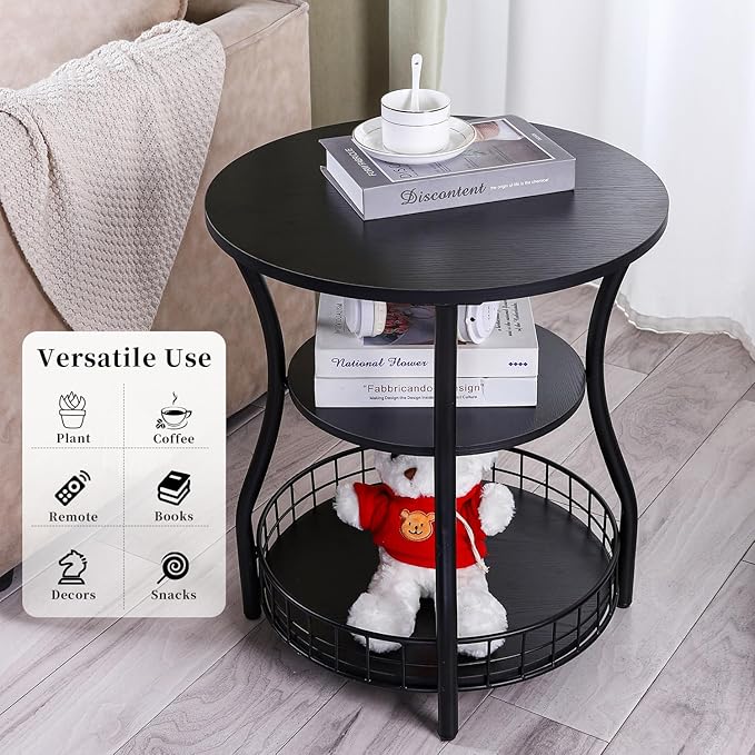 Round Side Table, 3-Tier Accent End Table with Storage Shelf, Corner Sofa Beside Table for Small Spaces,Nightstand with Metal Frame for Living Room, Bedroom (Black)