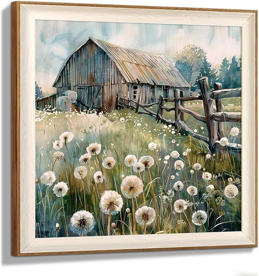 YUEYARIT Framed wall art, vintage wall decor, modern farmhouse style dandelion decor, canvas printed pictures, suitable for gifts, cottagecore bedroom, bathroom, living room, and office artwork.(12X12)inch