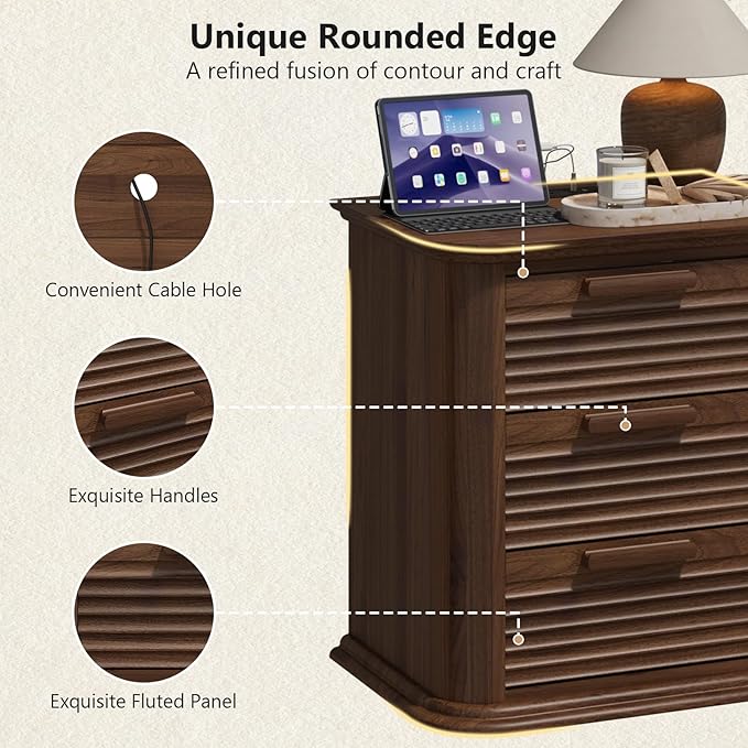 22'' Fluted Nightstand with Charging Station Set of 2, Modern End Table with 3 Drawers and Storage, Wood Night Stand with Round Corner, Side Table for Bedroom, Living Room, Curved Profile,Walnut