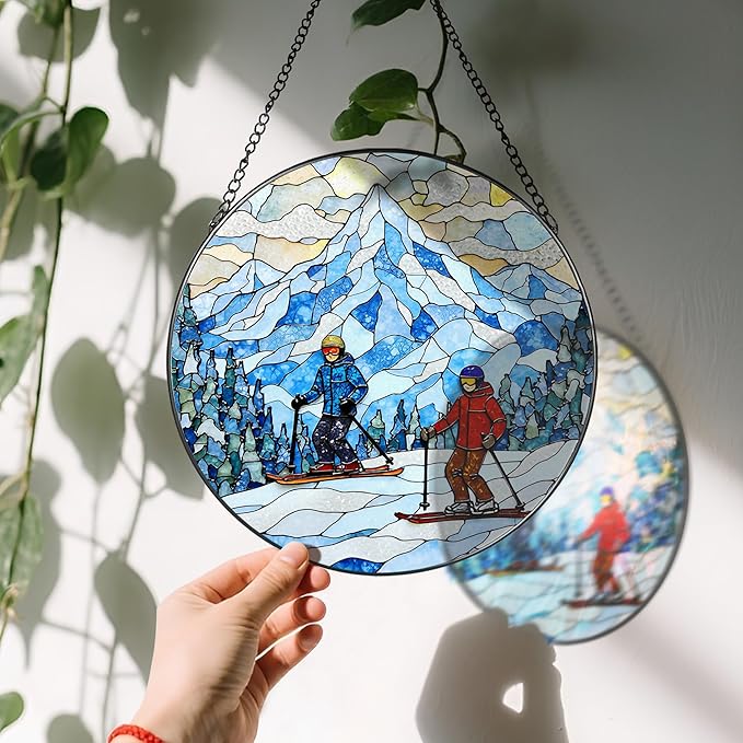 8'' Snowy Mountain Skiers Sun Catcher Ornament, Stained Glass Window Hanging, Sun Catchers for Windows Hanging Ornaments, Window Decor | Ideal Gift, Gift Exchange, Gifts for Skiers
