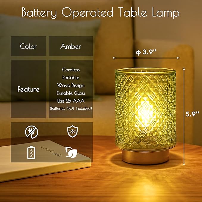 Battery Operated Lamp with Timer, Small Table Lamp for Shelf Decor, Glass Cordless Lamps Bedside Cozy Light for Living Room/Coffee Table/Entryway Diamond Design-Green