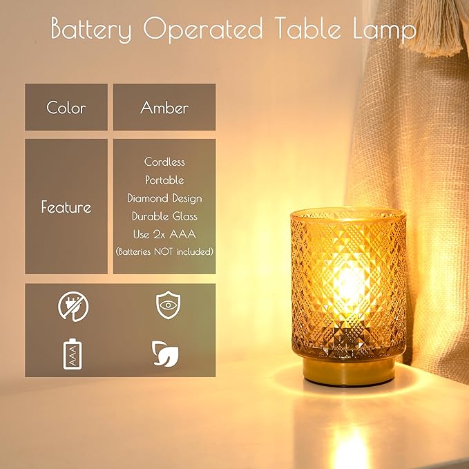 Battery Operated Lamp with Timer, Small Vintage Table Lamp, Glass Cordless Lamps Bedside Battery Lamp for Living Room, Entryway, Shelf Decor Diamond Design-Amber