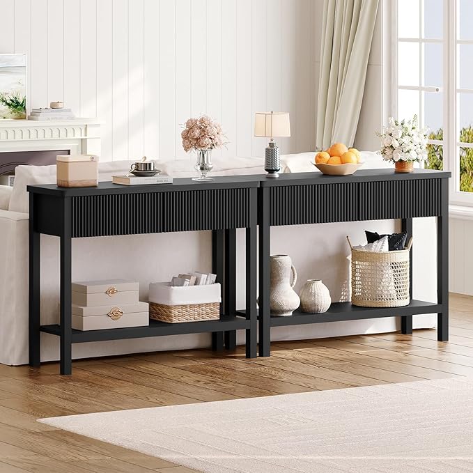 HOOBRO 39.3'' Console Table, Narrow Entryway Table with 2 Wavy Drawers, Sofa Table with 2 Tier Storage Shelf, Behind Couch Table, Display Stand, for Hallway, Entryway, Living Room, Black BK89XG01