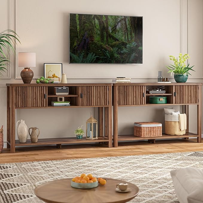 Fluted Console Table with 2 Door Cabinets, Modern Entryway Table with 3 Open Storage Shelves, Narrow Behind Couch Sofa Table for Living Room, Hallway, Foyer, 45.7" W×13.8" D×33.5" H, Walnut Brown