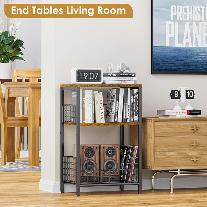 X-cosrack Side Table, Small End Table Record Player Stand with Storage, Vinyl Record Storage Night Stand for Living Room, Bedroom,Office(Patent Pending)(Rustic Brown & Black)